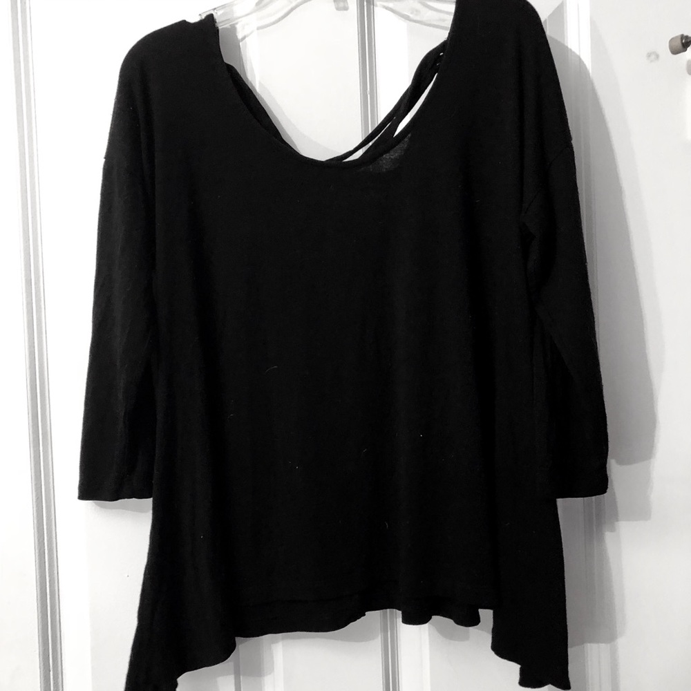 Long Black 3/4 Flowy Shirt with Cross Cross Back